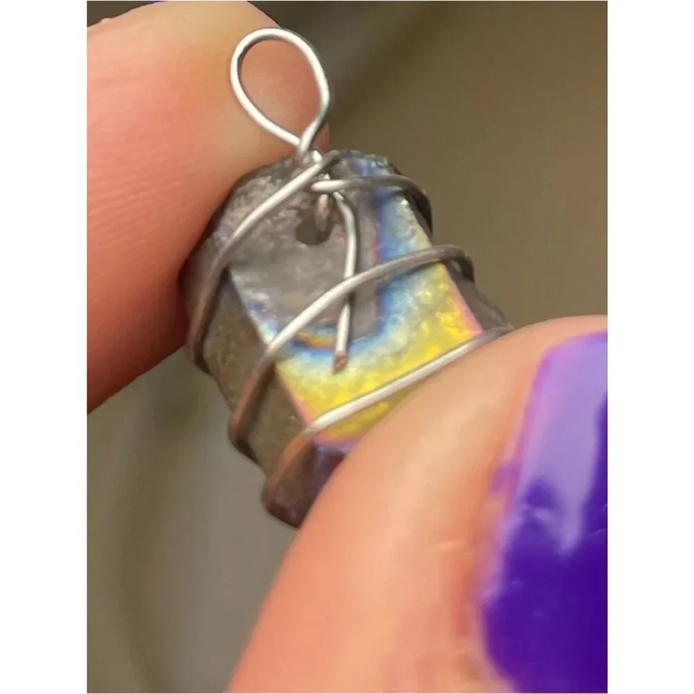 Handmade Small Rainbow Titanium Aura Stone Pendant Wrapped in Silver Wire